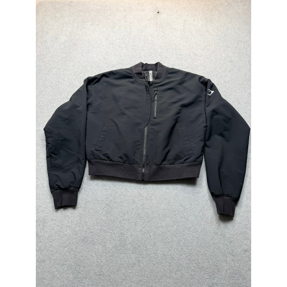 Gymshark Womens Cropped Bomber Jacket Black Full Zip XS Logo D-3-3(4068)